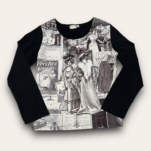 Vintage Retro Graphic Longsleeve Top Size 1XL 90s Indie Sleaze Downtown Girl B&W